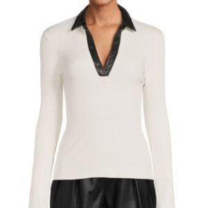 Laundry by Shelli Segal Faux Leather Trim Ribbed Knit Top VNeck